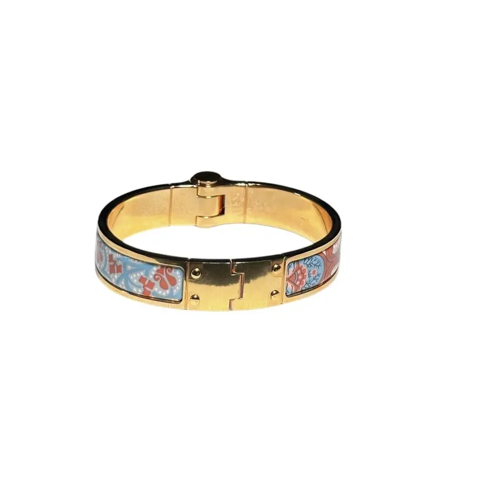 Hermes Charniere Printed Enamel Narrow Hinged Bracelet Rose Gold Plated